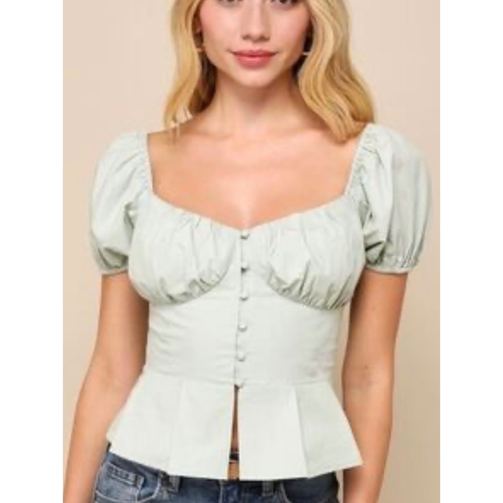 Lulus Admirable Poise‎ Light Sage Green Puff Sleeve Milkmaid Peplum Top Size L